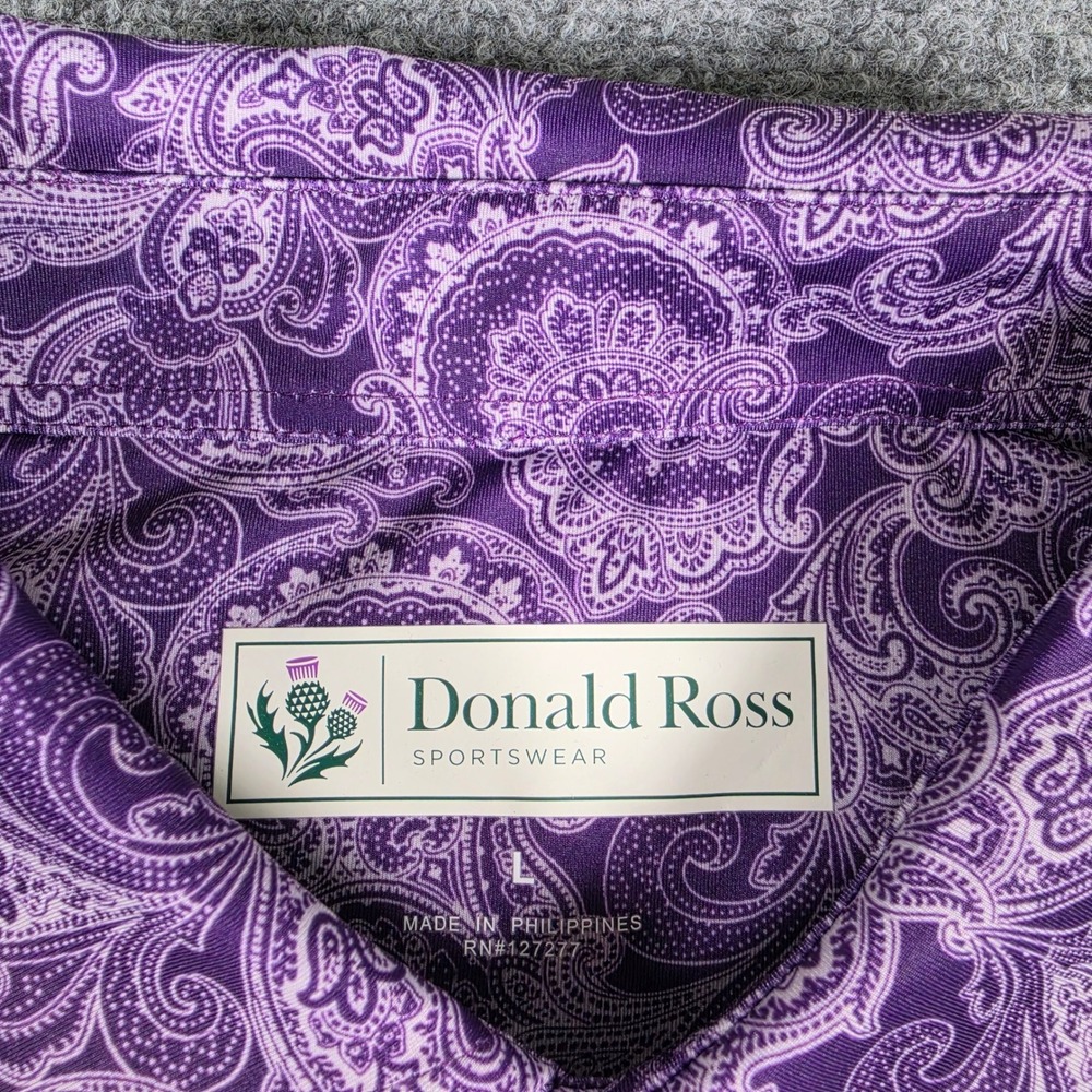Donald Ross Polo Shirt Mens L Purple Paisley Short Sleeve Performance w/Logos - Picture 2 of 9